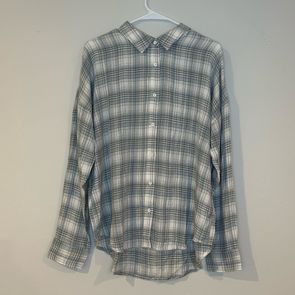 Flag and Anthem, softest green blue and cream plaid button up in size large.